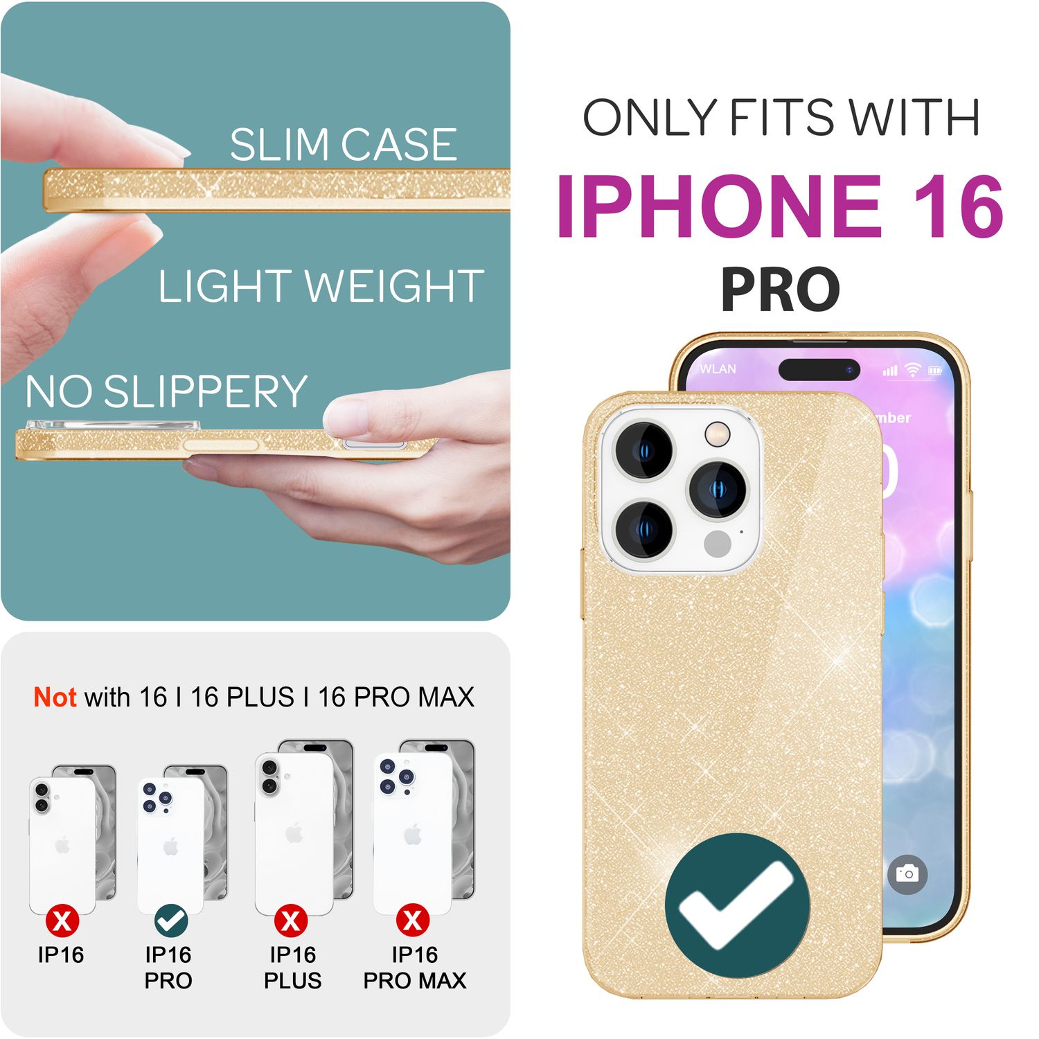 NALIA Glitzer Hybrid Hülle für iPhone 16 Pro, Verstärkte Silikon Handyhülle, Glänzende Glitzerhülle Schutz Cover Gold NALIA Protective Hülle