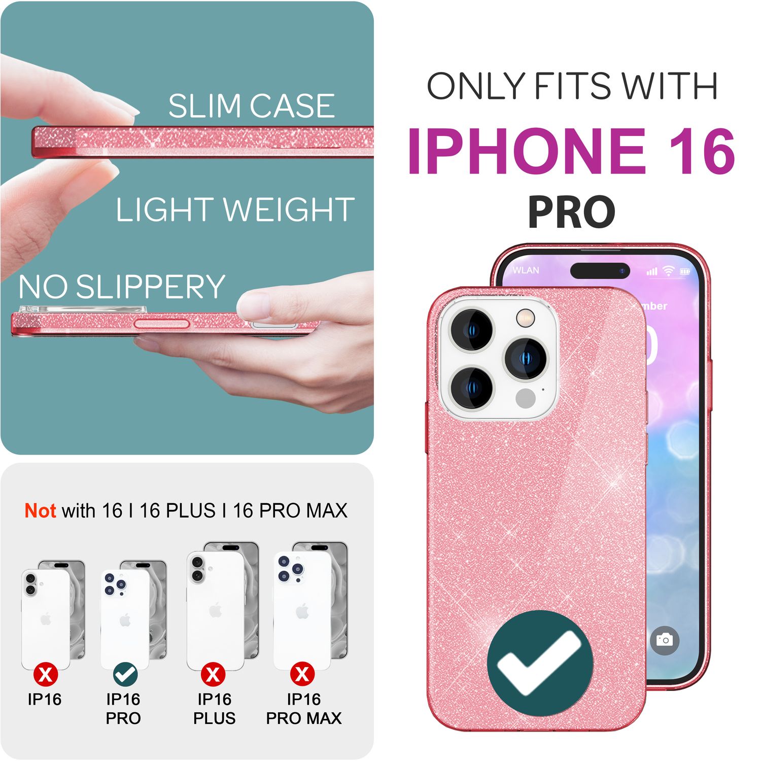 NALIA Glitzer Hybrid Hülle für iPhone 16 Pro, Verstärkte Silikon Handyhülle, Glänzende Glitzerhülle Schutz Cover Pink NALIA Protective Hülle