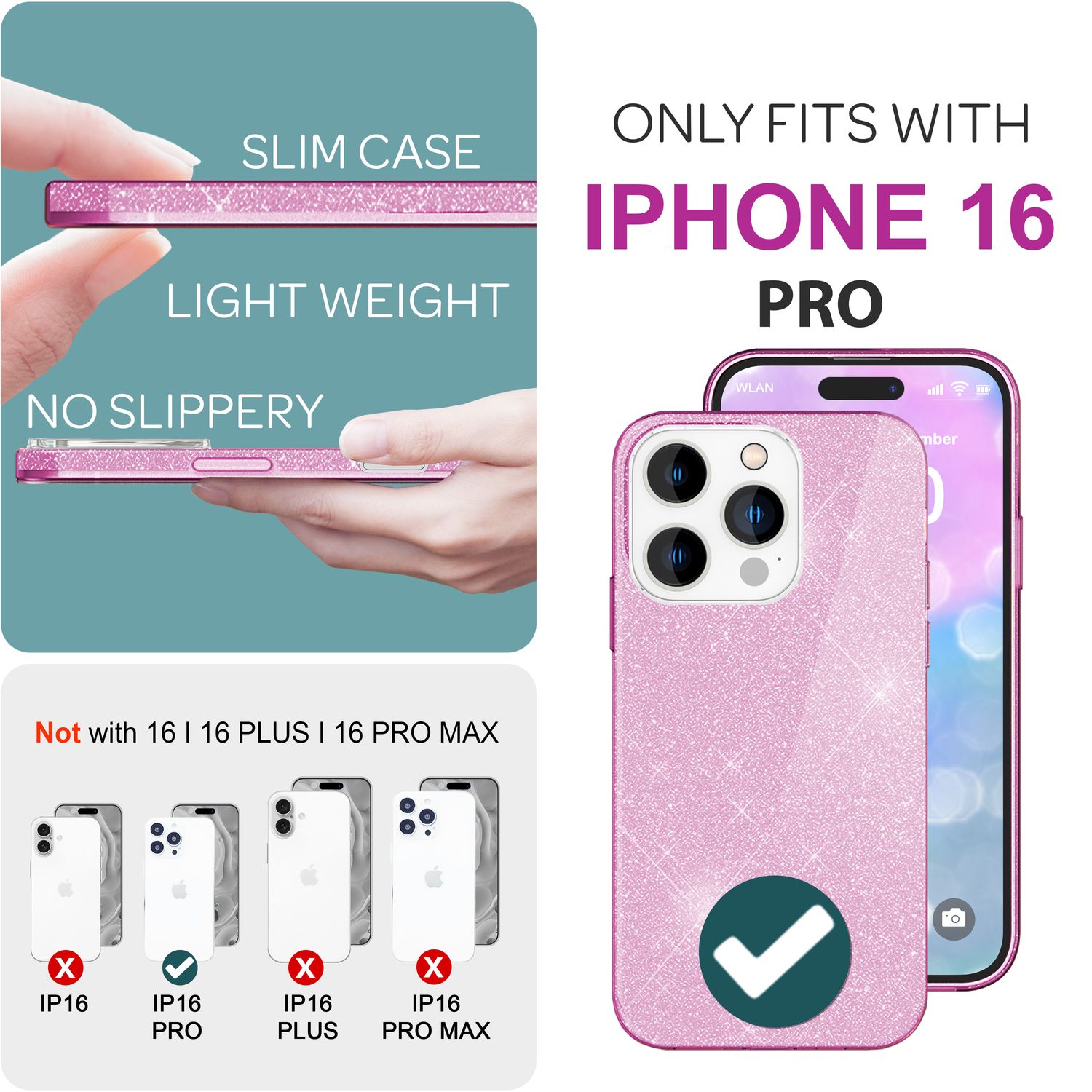 NALIA Glitzer Hybrid Hülle für iPhone 16 Pro, Verstärkte Silikon Handyhülle, Glänzende Glitzerhülle Schutz Cover Lila NALIA Protective Hülle