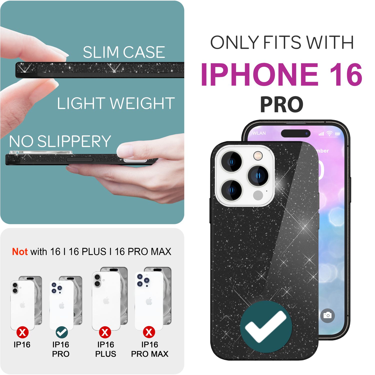 NALIA Glitzer Hybrid Hülle für iPhone 16 Pro, Verstärkte Silikon Handyhülle, Glänzende Glitzerhülle Schutz Cover Schwarz NALIA Protective Hülle