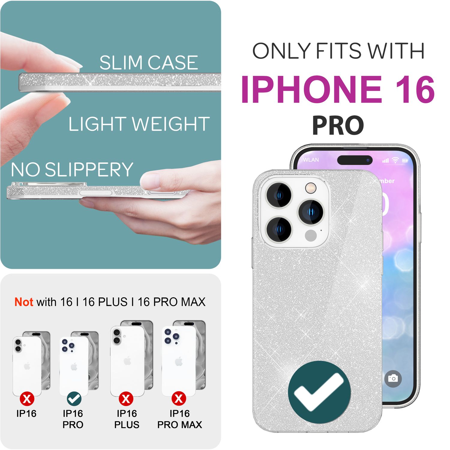 NALIA Glitzer Hybrid Hülle für iPhone 16 Pro, Verstärkte Silikon Handyhülle, Glänzende Glitzerhülle Schutz Cover Silber NALIA Protective Hülle