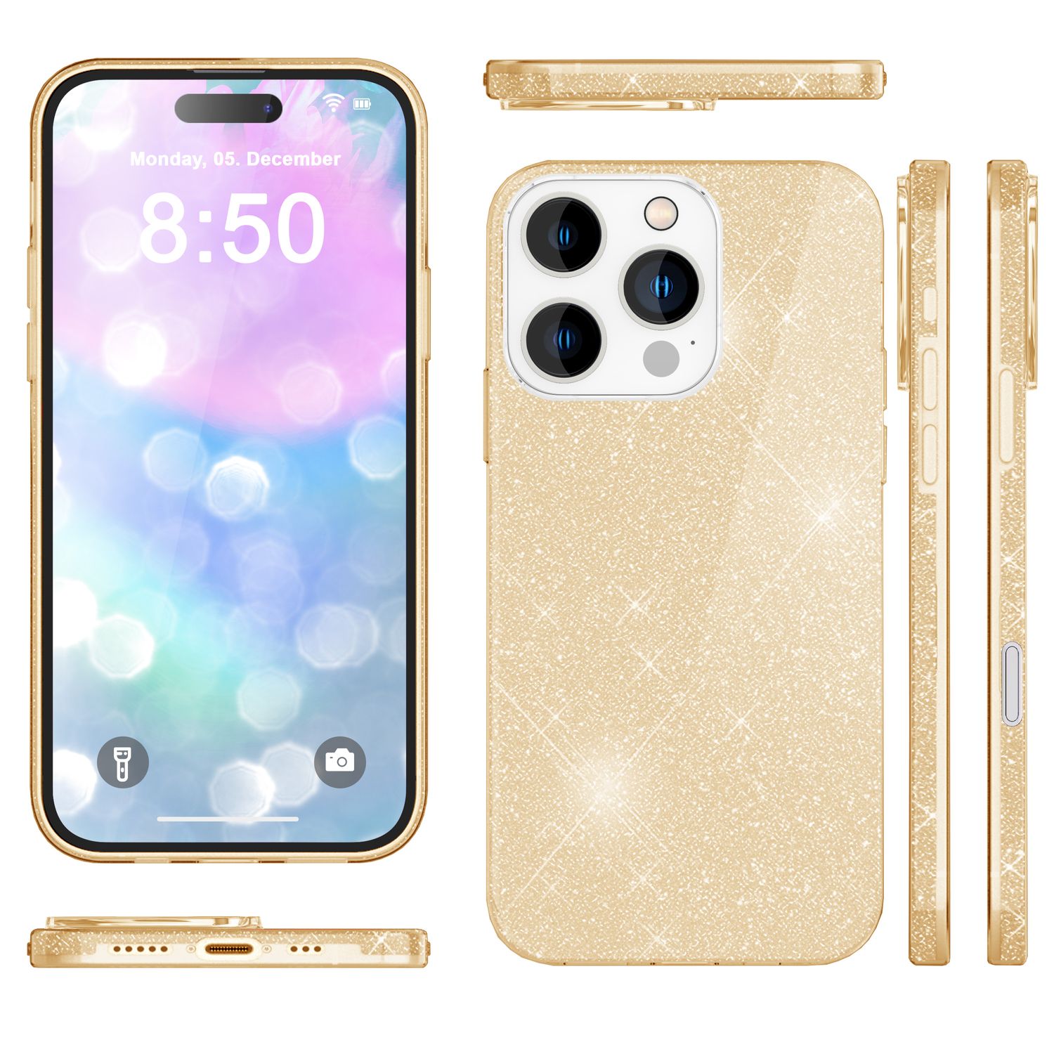 NALIA Glitzer Hybrid Hülle für iPhone 16 Pro Max, Verstärkte Silikon Handyhülle, Glänzende Glitzerhülle Cover Gold NALIA Protective Hülle