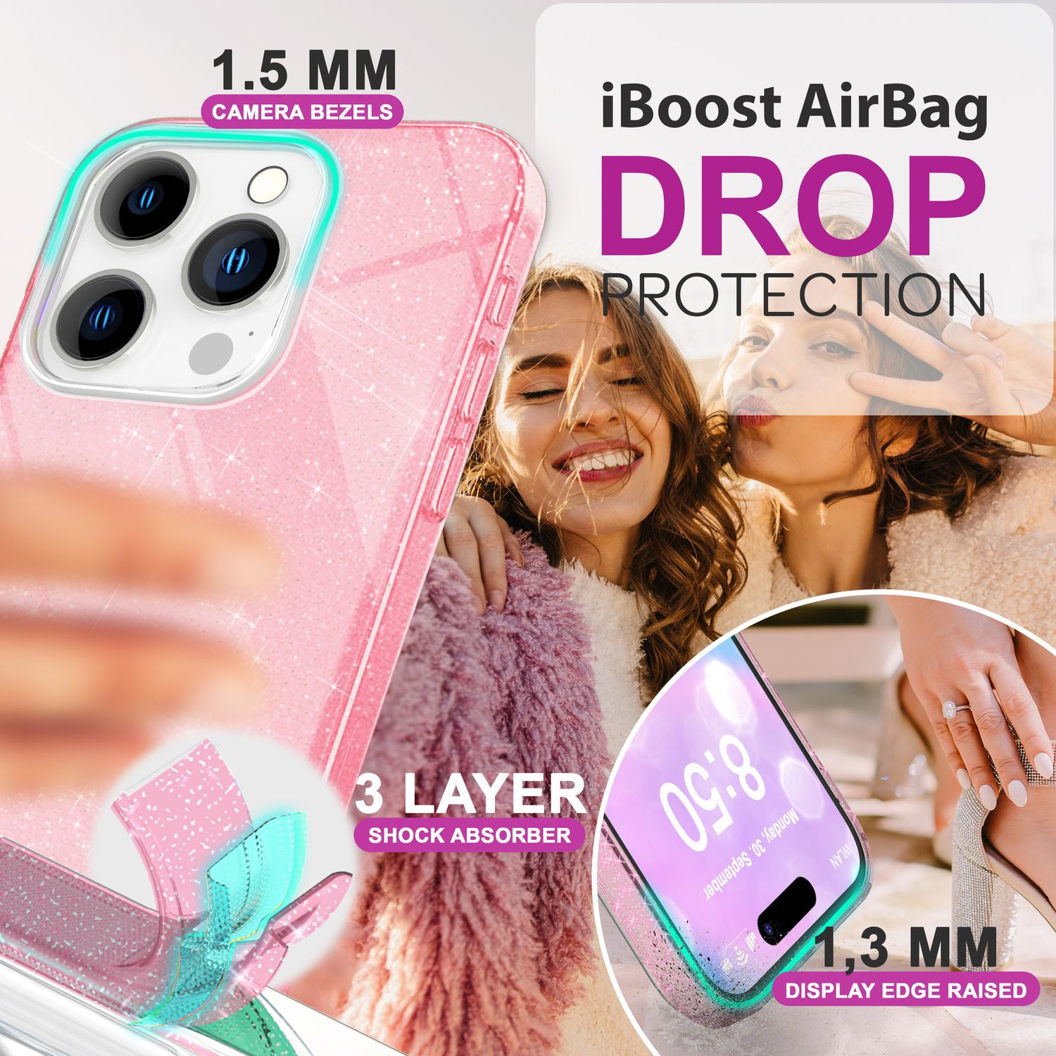 NALIA Glitzer Hybrid Hülle für iPhone 16 Pro Max, Verstärkte Silikon Handyhülle, Glänzende Glitzerhülle Cover Pink NALIA Protective Hülle