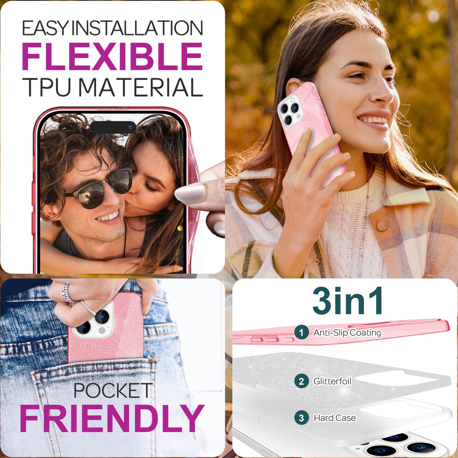 NALIA Glitzer Hybrid Hülle für iPhone 16 Pro Max, Verstärkte Silikon Handyhülle, Glänzende Glitzerhülle Cover Pink NALIA Protective Hülle