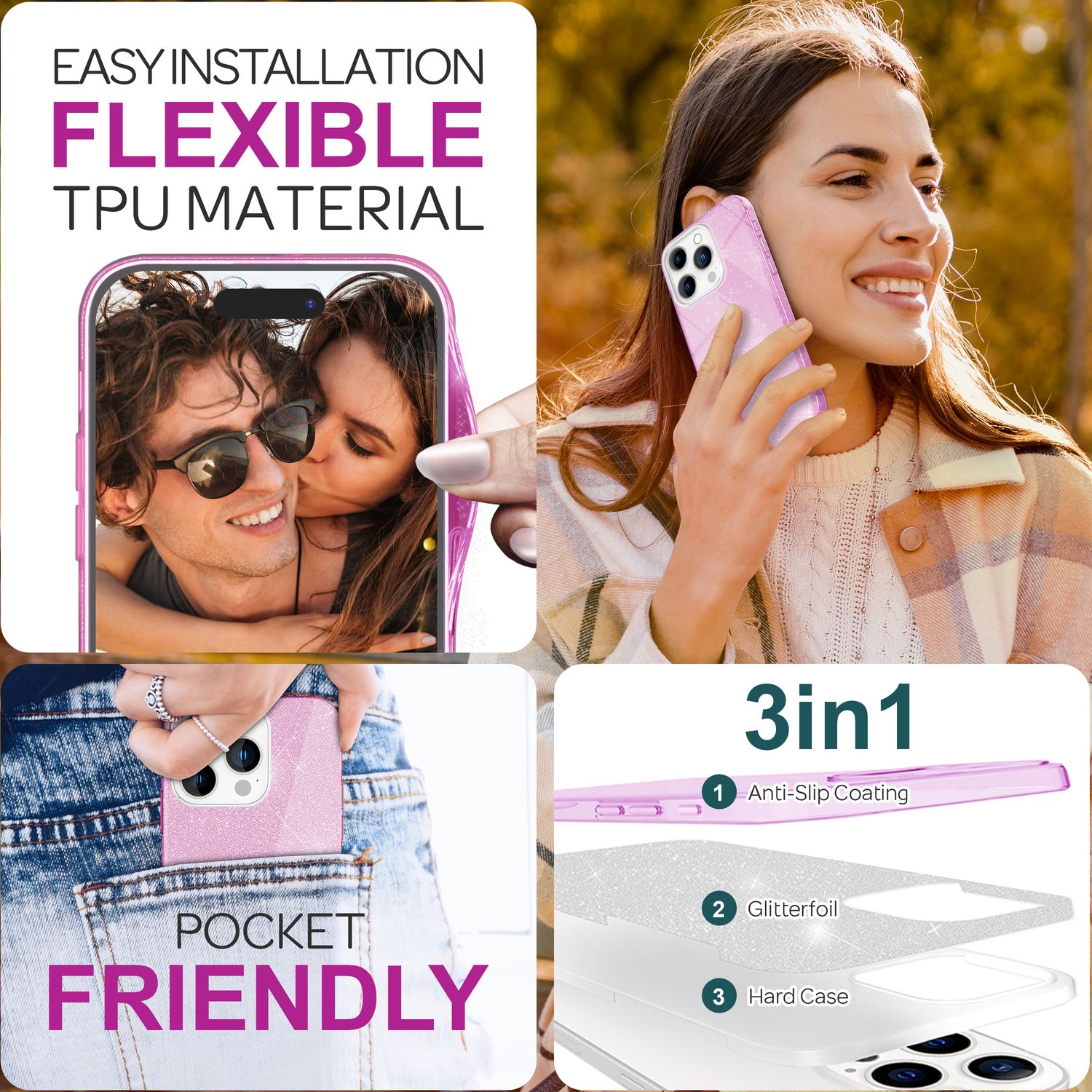 NALIA Glitzer Hybrid Hülle für iPhone 16 Pro Max, Verstärkte Silikon Handyhülle, Glänzende Glitzerhülle Cover Lila NALIA Protective Hülle