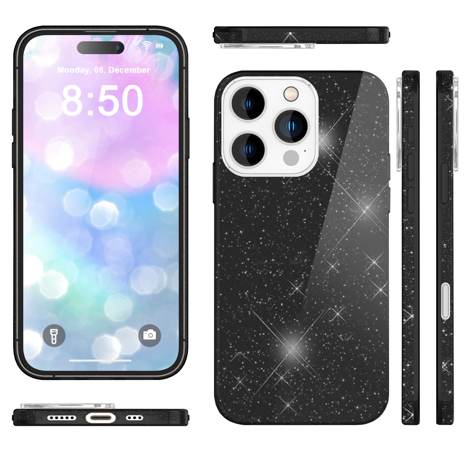NALIA Glitzer Hybrid Hülle für iPhone 16 Pro Max, Verstärkte Silikon Handyhülle, Glänzende Glitzerhülle Cover Schwarz NALIA Protective Hülle