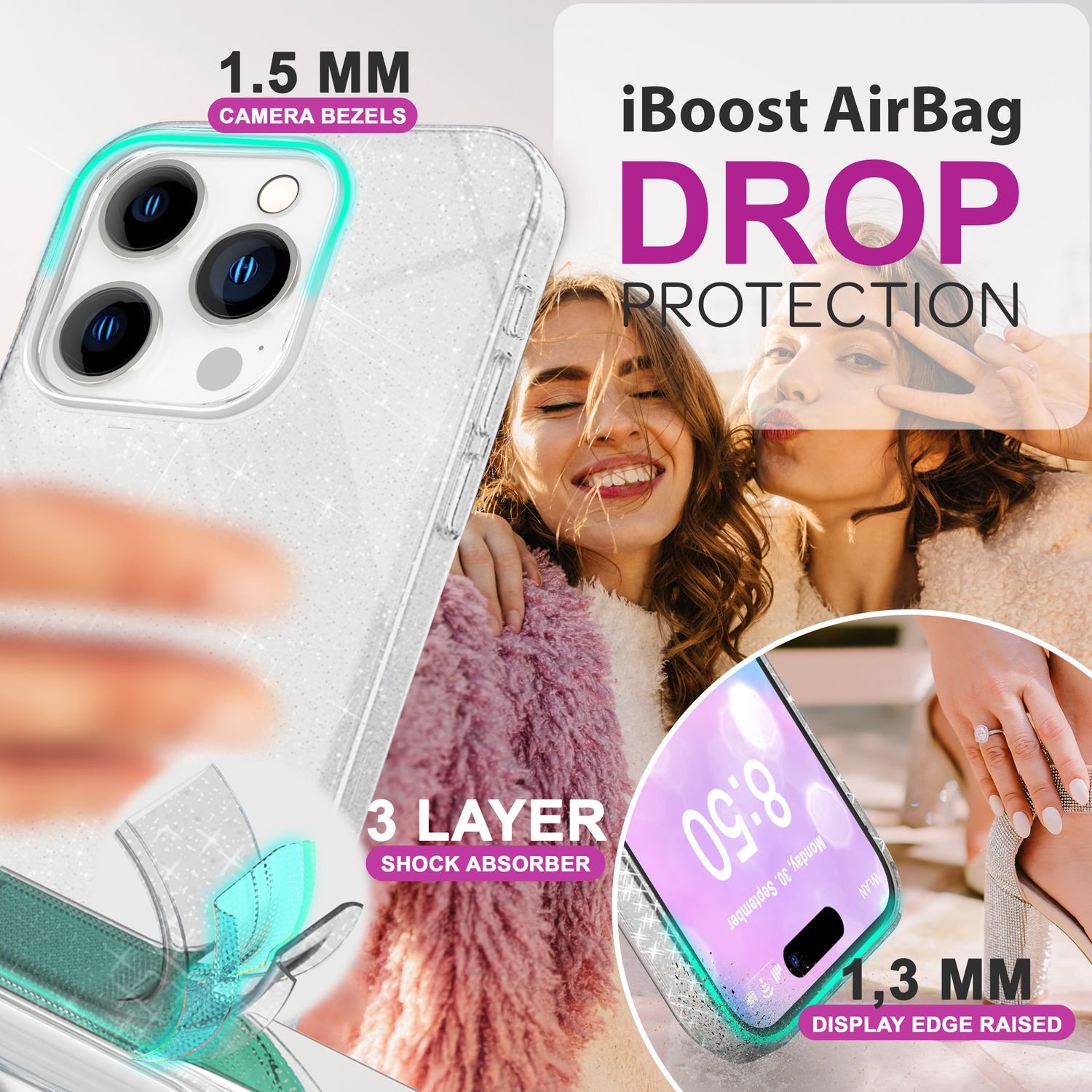 NALIA Glitzer Hybrid Hülle für iPhone 16 Pro Max, Verstärkte Silikon Handyhülle, Glänzende Glitzerhülle Cover Silber NALIA Protective Hülle