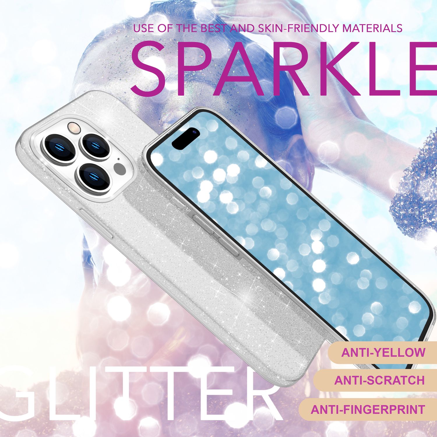 NALIA Glitzer Hybrid Hülle für iPhone 16 Pro Max, Verstärkte Silikon Handyhülle, Glänzende Glitzerhülle Cover Silber NALIA Protective Hülle