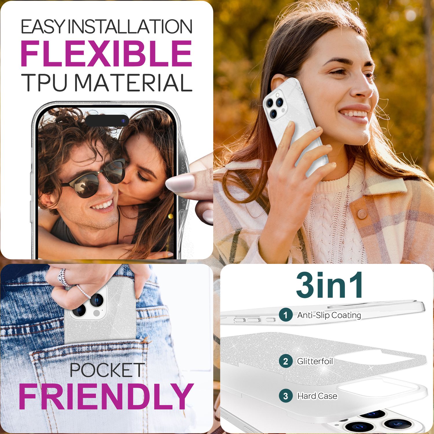 NALIA Glitzer Hybrid Hülle für iPhone 16 Pro Max, Verstärkte Silikon Handyhülle, Glänzende Glitzerhülle Cover Silber NALIA Protective Hülle