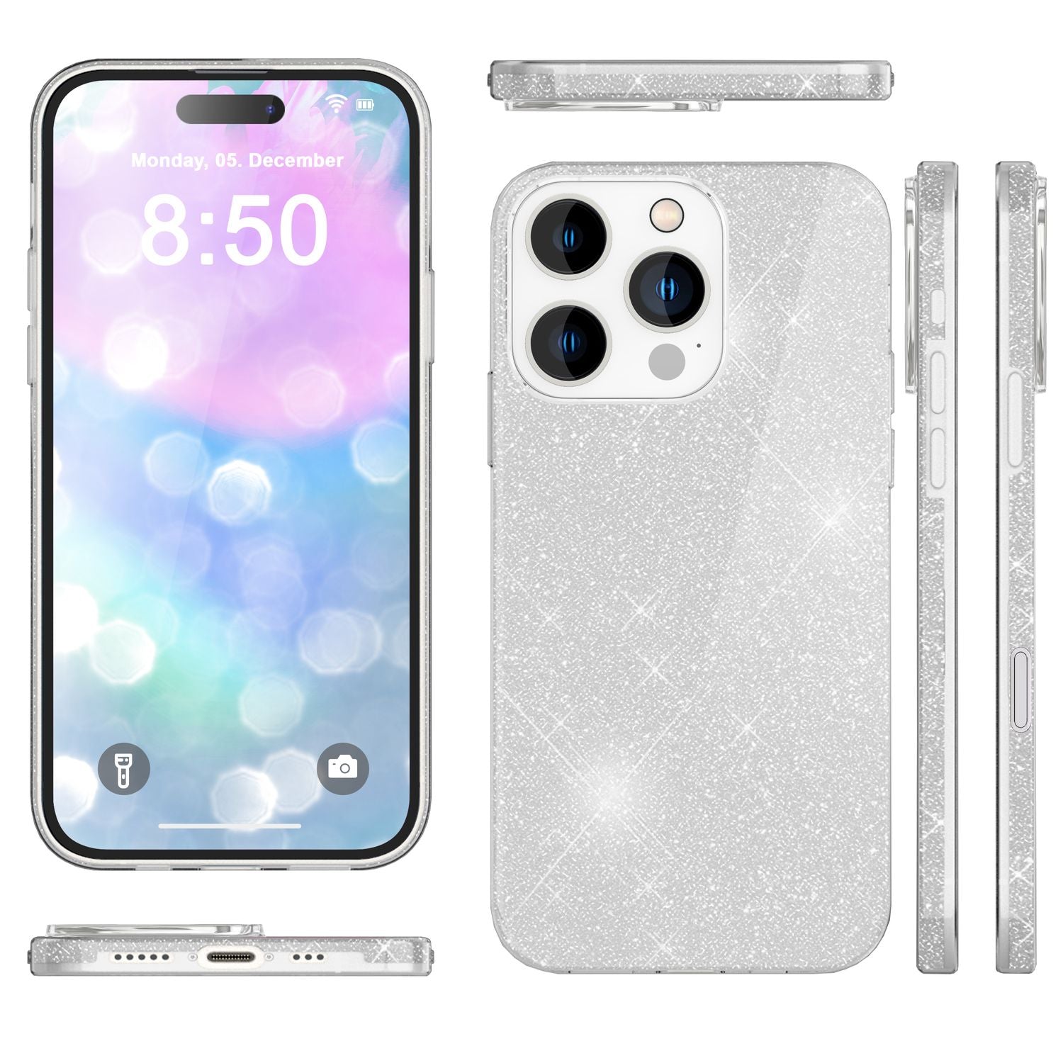 NALIA Glitzer Hybrid Hülle für iPhone 16 Pro Max, Verstärkte Silikon Handyhülle, Glänzende Glitzerhülle Cover Silber NALIA Protective Hülle