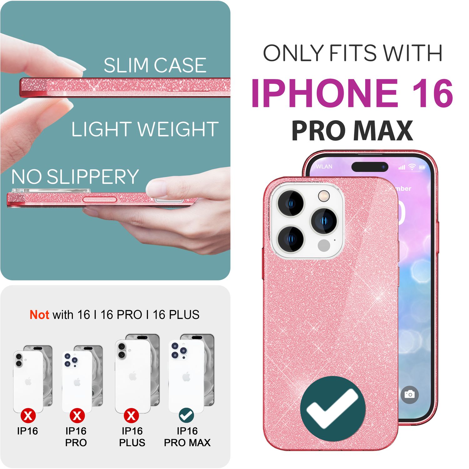 NALIA Glitzer Hybrid Hülle für iPhone 16 Pro Max, Verstärkte Silikon Handyhülle, Glänzende Glitzerhülle Cover Pink NALIA Protective Hülle
