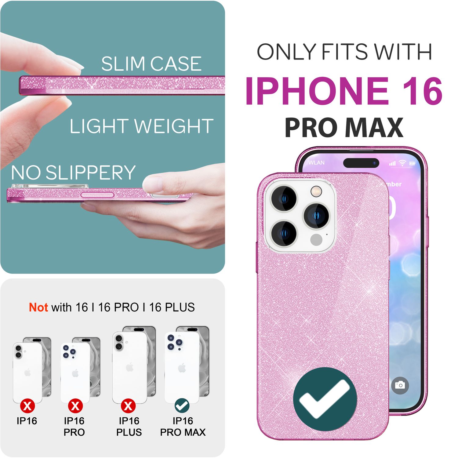 NALIA Glitzer Hybrid Hülle für iPhone 16 Pro Max, Verstärkte Silikon Handyhülle, Glänzende Glitzerhülle Cover Lila NALIA Protective Hülle