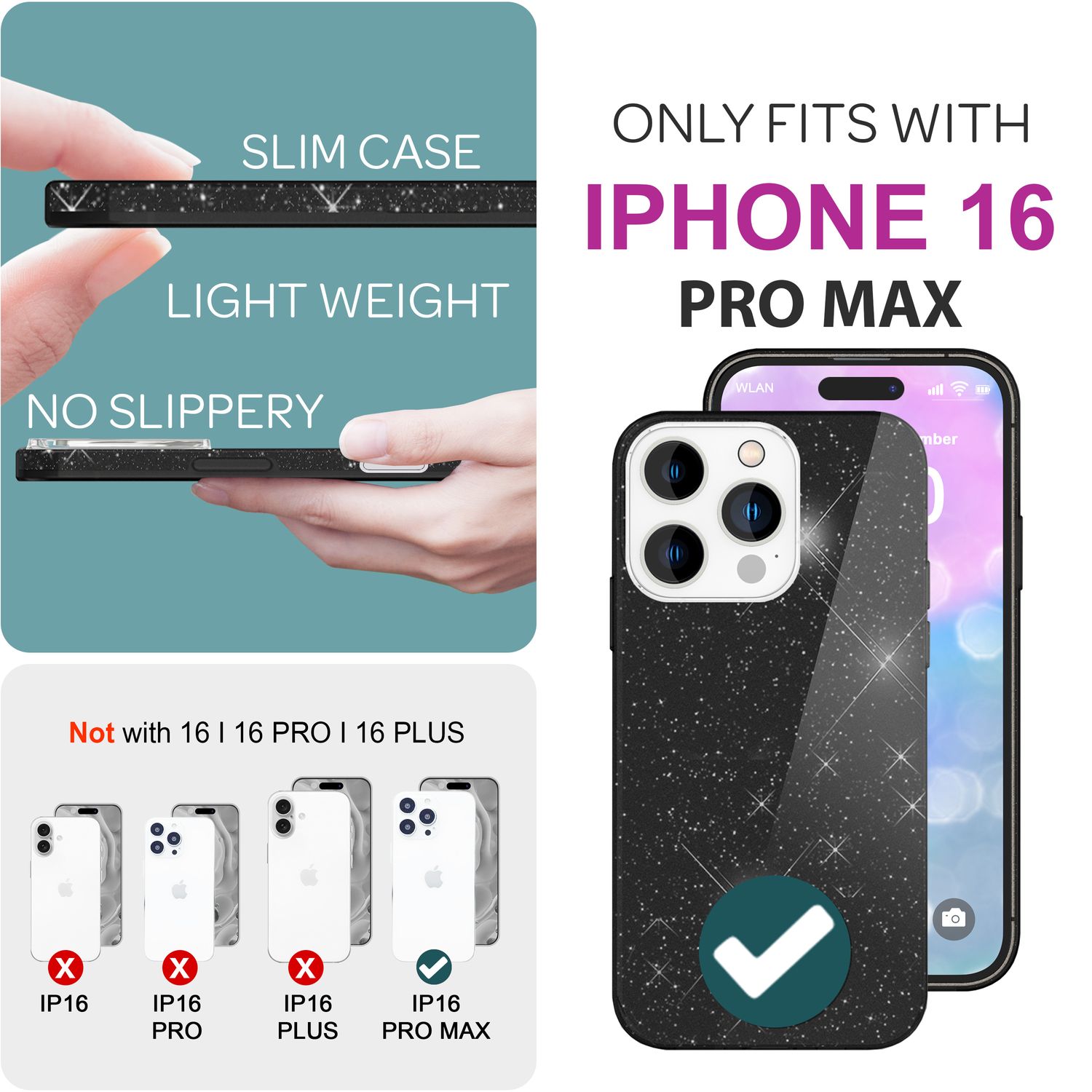 NALIA Glitzer Hybrid Hülle für iPhone 16 Pro Max, Verstärkte Silikon Handyhülle, Glänzende Glitzerhülle Cover Schwarz NALIA Protective Hülle