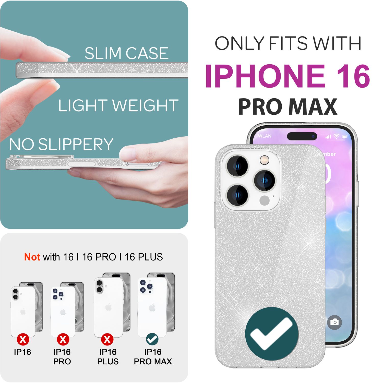 NALIA Glitzer Hybrid Hülle für iPhone 16 Pro Max, Verstärkte Silikon Handyhülle, Glänzende Glitzerhülle Cover Silber NALIA Protective Hülle