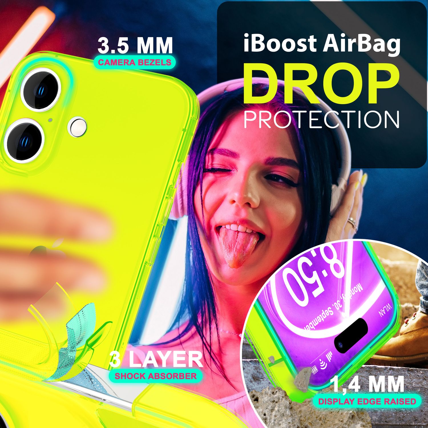 NALIA Klare Neon Hülle für iPhone 16, Flexible Handyhülle in Bunt Leuchtender Farbe, Durchsichtige Silikon Hülle