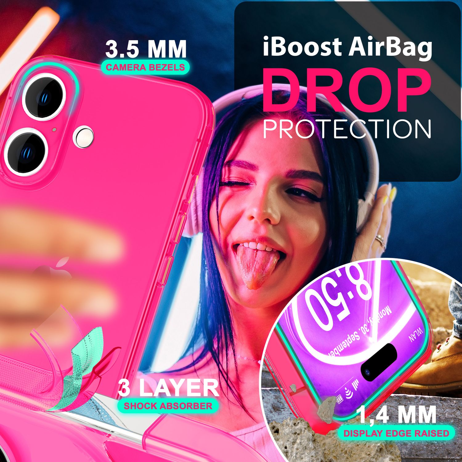 NALIA Klare Neon Hülle für iPhone 16, Flexible Handyhülle in Bunt Leuchtender Farbe, Durchsichtige Silikon Hülle