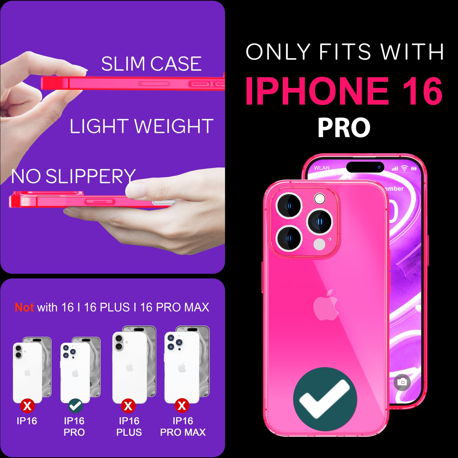 NALIA Klare Neon Hülle für iPhone 16 Pro, Durchsichtige Handyhülle in Bunt Leuchtender Farbe, Slim Silikon Hülle