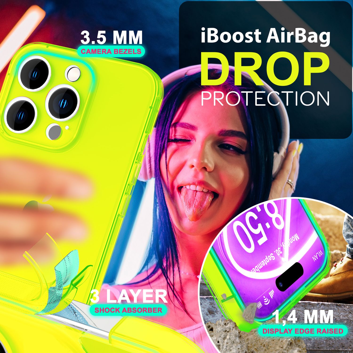 NALIA Klare Neon Hülle für iPhone 16 Pro Max, Durchsichtige Handyhülle in Bunt Leuchtender Farbe, Silikon Hülle