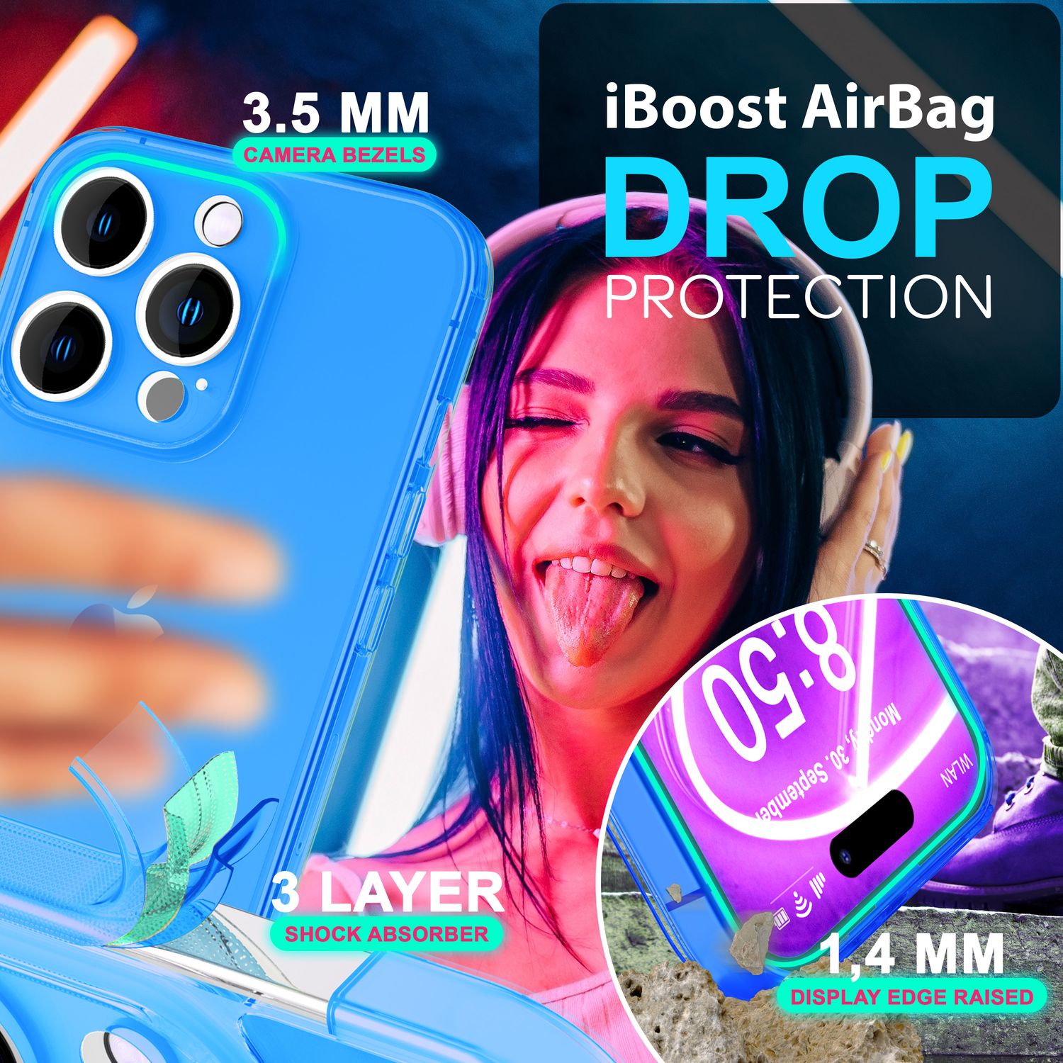 NALIA Klare Neon Hülle für iPhone 16 Pro Max, Durchsichtige Handyhülle in Bunt Leuchtender Farbe, Silikon Hülle