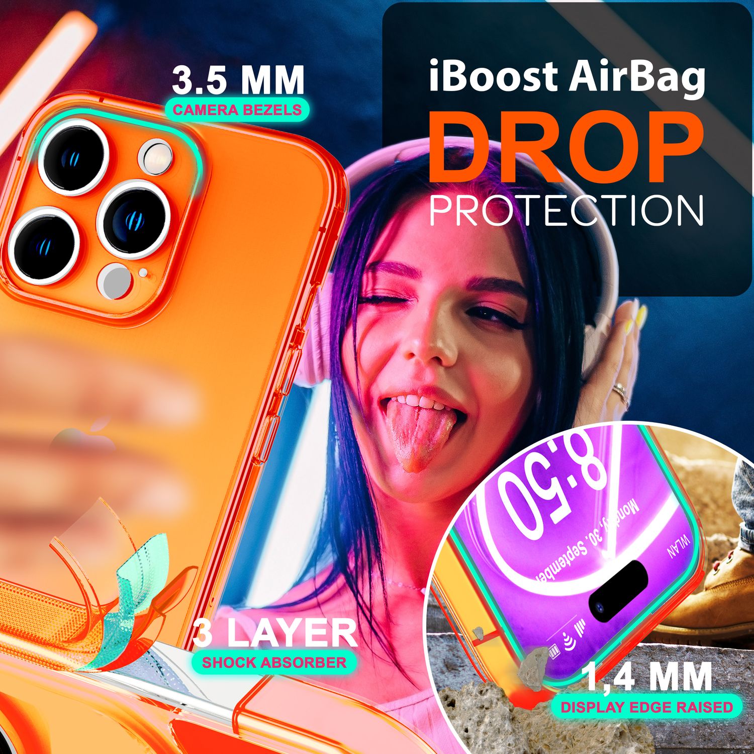 NALIA Klare Neon Hülle für iPhone 16 Pro Max, Durchsichtige Handyhülle in Bunt Leuchtender Farbe, Silikon Hülle