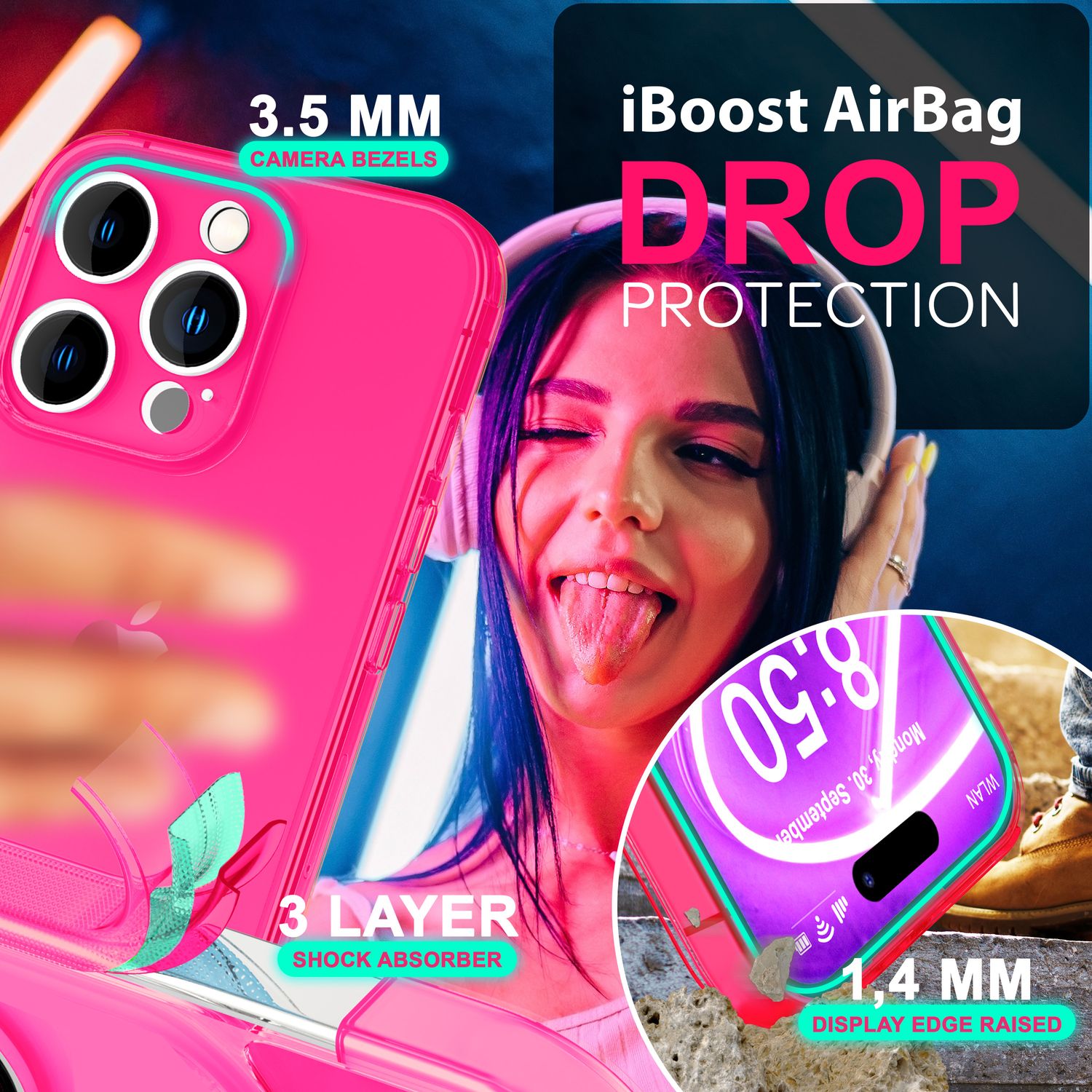 NALIA Klare Neon Hülle für iPhone 16 Pro Max, Durchsichtige Handyhülle in Bunt Leuchtender Farbe, Silikon Hülle