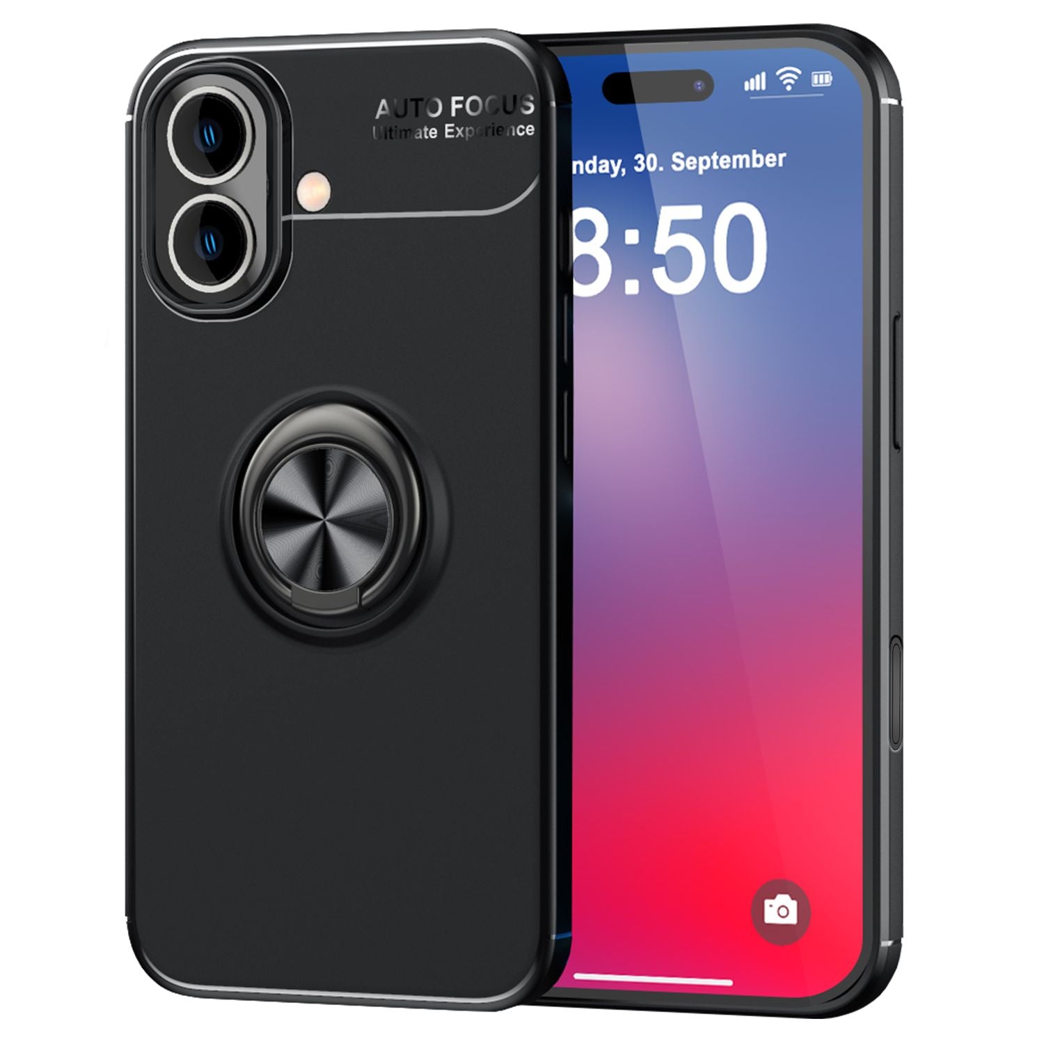 NALIA Schutzhülle mit Ring für iPhone 16, Matt-Schwarze Silikon Hülle mit 360° Finger-Halter für Standfunktion Schwarz NALIA Protective Hülle