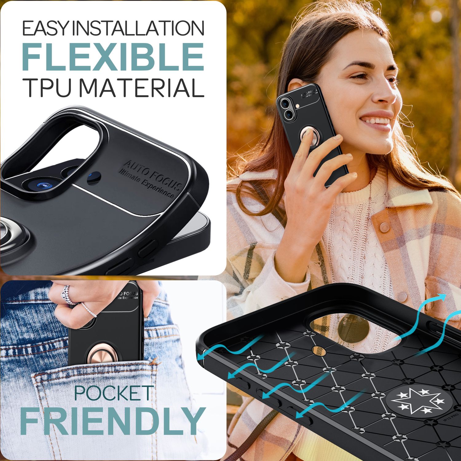 NALIA Schutzhülle mit Ring für iPhone 16, Matt-Schwarze Silikon Hülle mit 360° Finger-Halter für Standfunktion