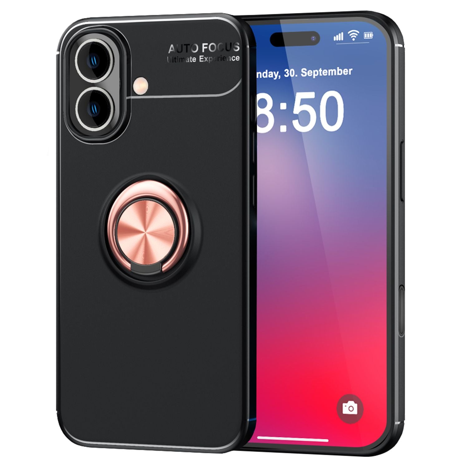 NALIA Schutzhülle mit Ring für iPhone 16, Matt-Schwarze Silikon Hülle mit 360° Finger-Halter für Standfunktion