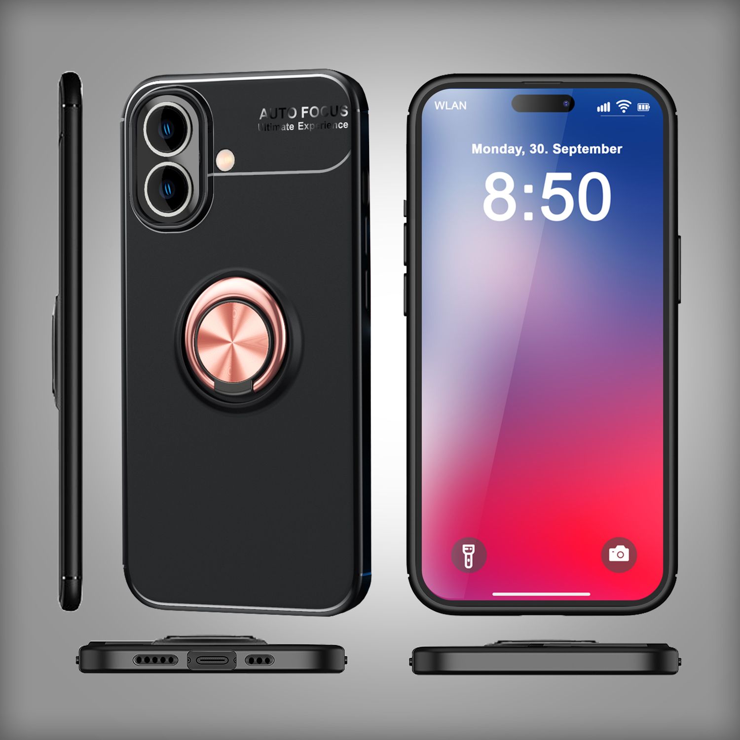 NALIA Schutzhülle mit Ring für iPhone 16, Matt-Schwarze Silikon Hülle mit 360° Finger-Halter für Standfunktion