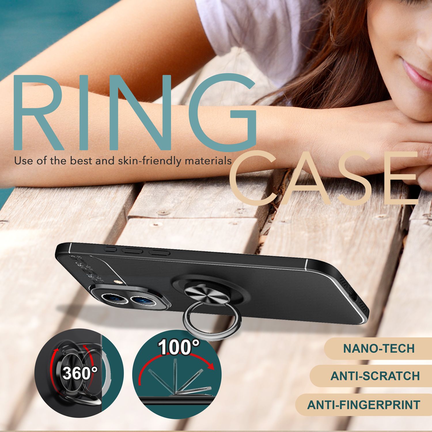 NALIA Schutzhülle mit Ring für iPhone 16 Plus, Matt-Schwarze Silikon Hülle mit 360° Finger-Halter für Ständer