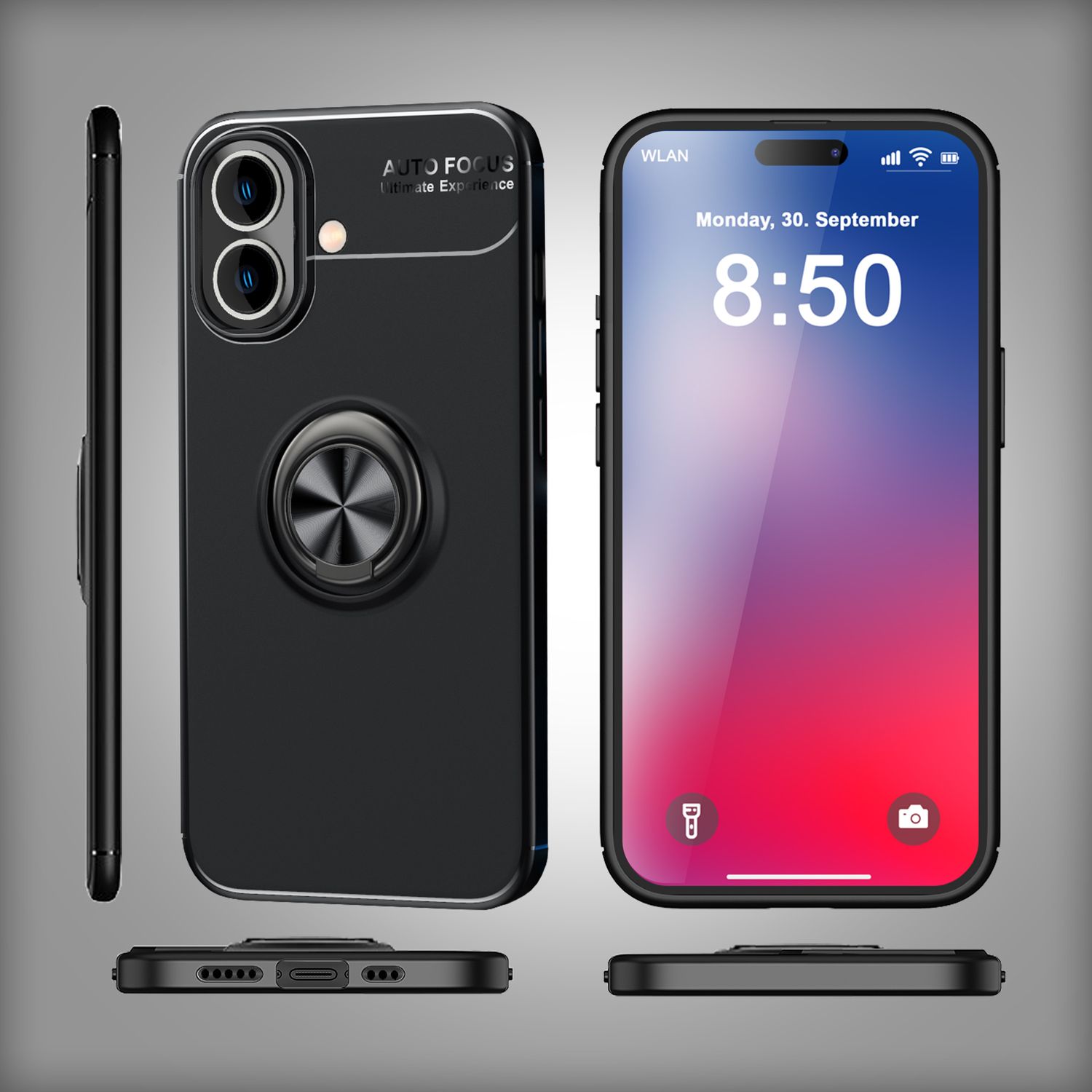 NALIA Schutzhülle mit Ring für iPhone 16 Plus, Matt-Schwarze Silikon Hülle mit 360° Finger-Halter für Ständer