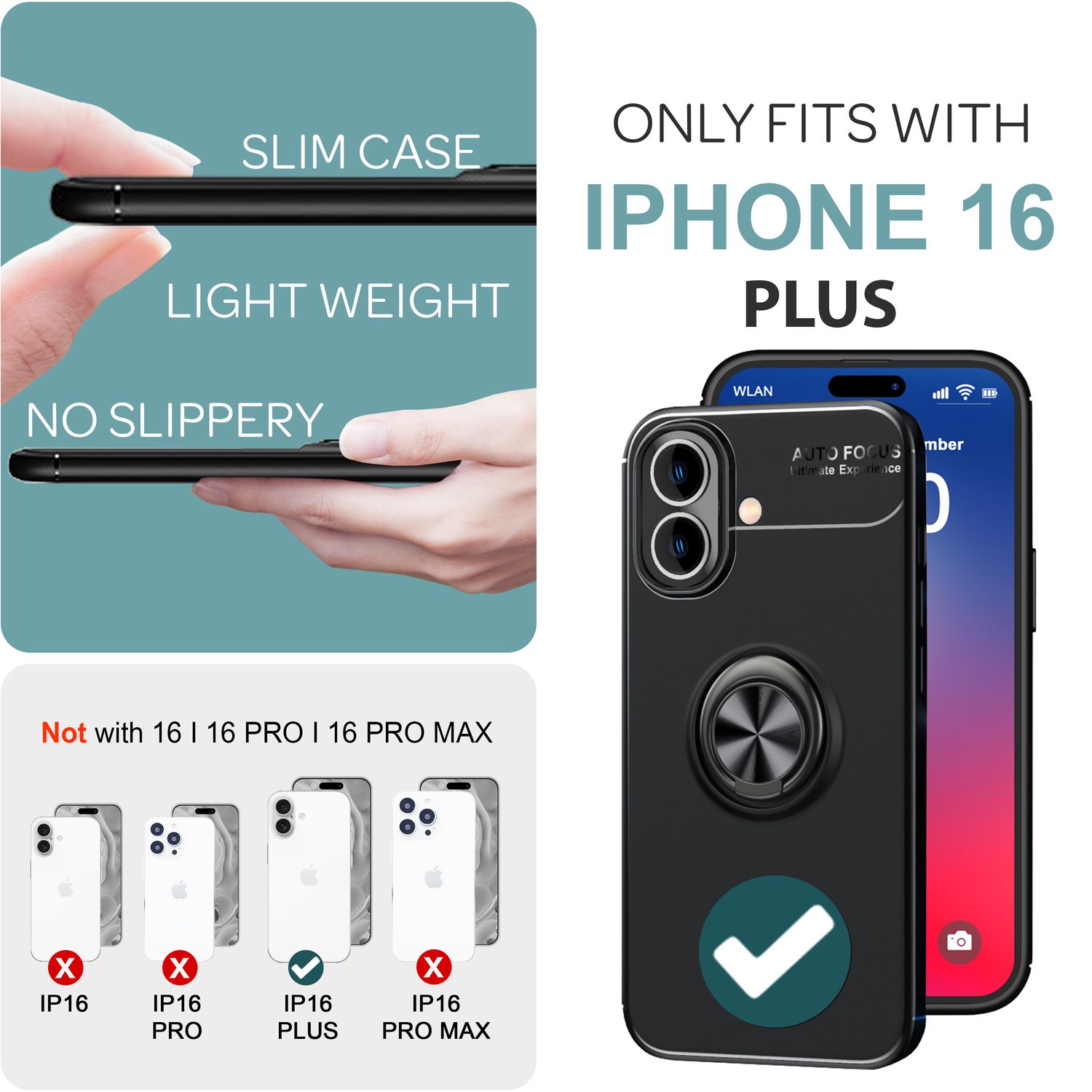NALIA Schutzhülle mit Ring für iPhone 16 Plus, Matt-Schwarze Silikon Hülle mit 360° Finger-Halter für Ständer
