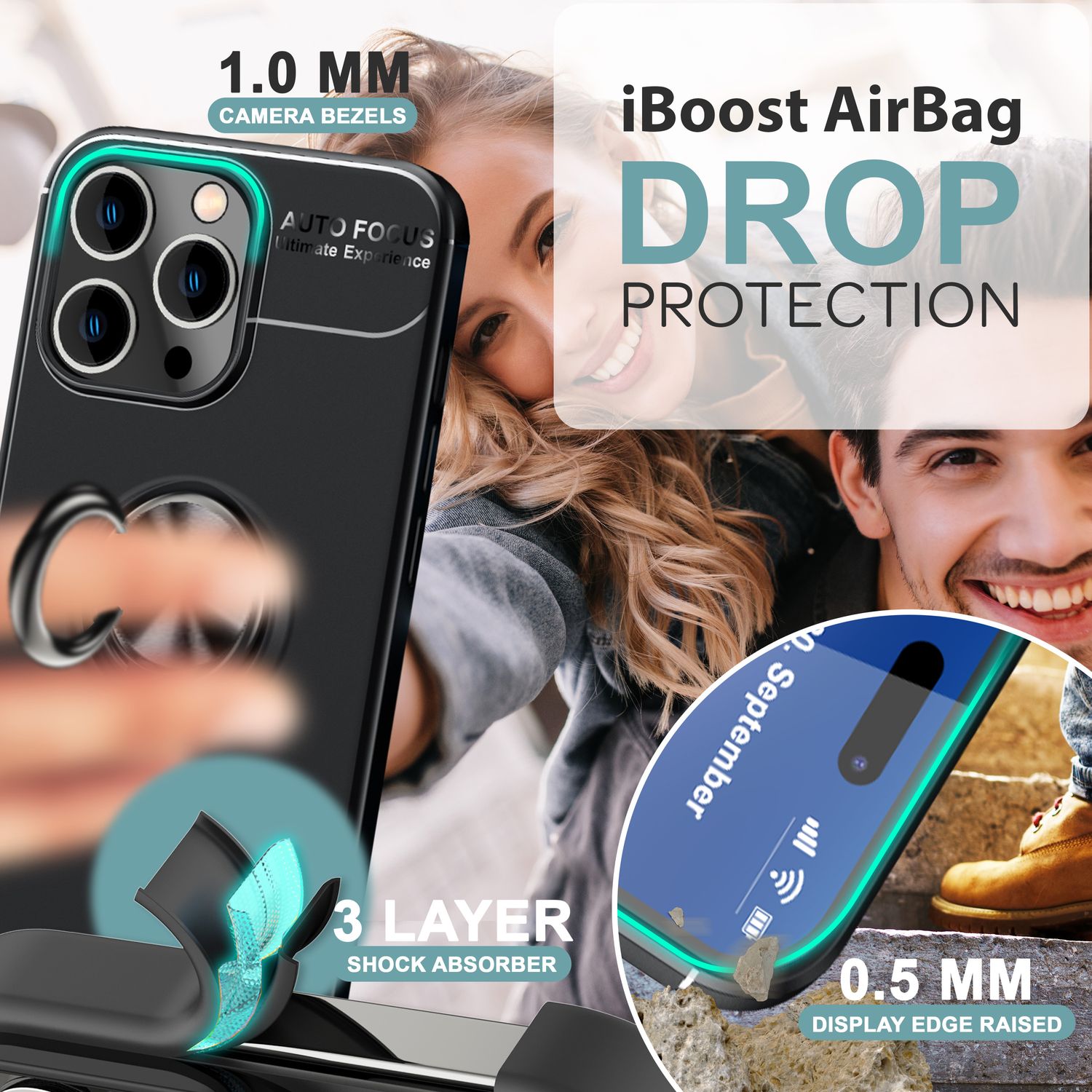 NALIA Schutzhülle mit Ring für iPhone 16 Pro, Matt-Schwarze Silikon Hülle mit 360° Finger-Halter für Ständer