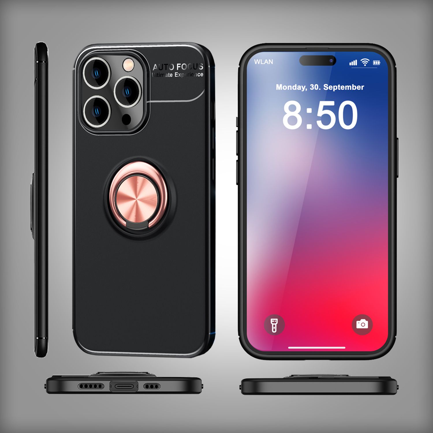 NALIA Schutzhülle mit Ring für iPhone 16 Pro, Matt-Schwarze Silikon Hülle mit 360° Finger-Halter für Ständer