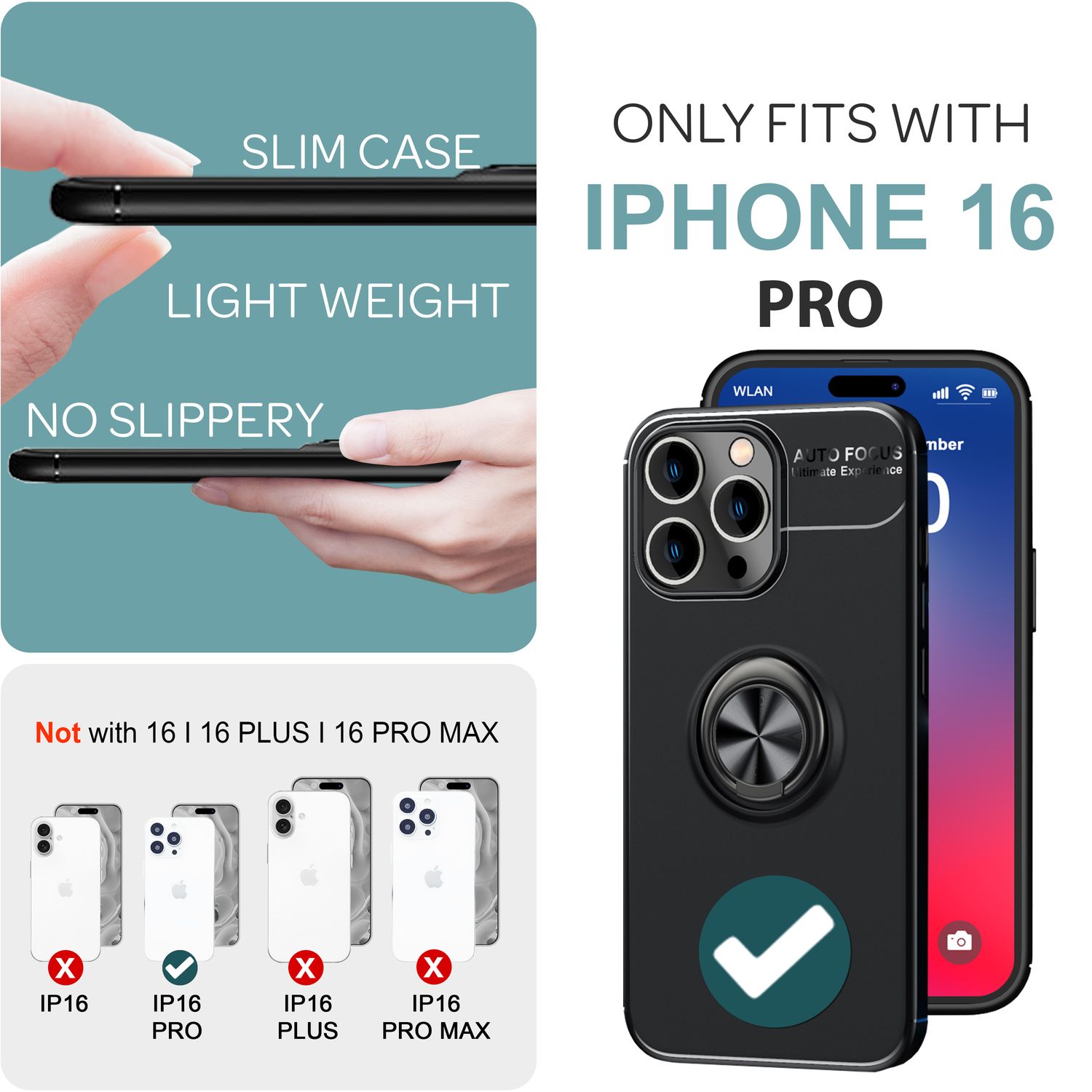 NALIA Schutzhülle mit Ring für iPhone 16 Pro, Matt-Schwarze Silikon Hülle mit 360° Finger-Halter für Ständer