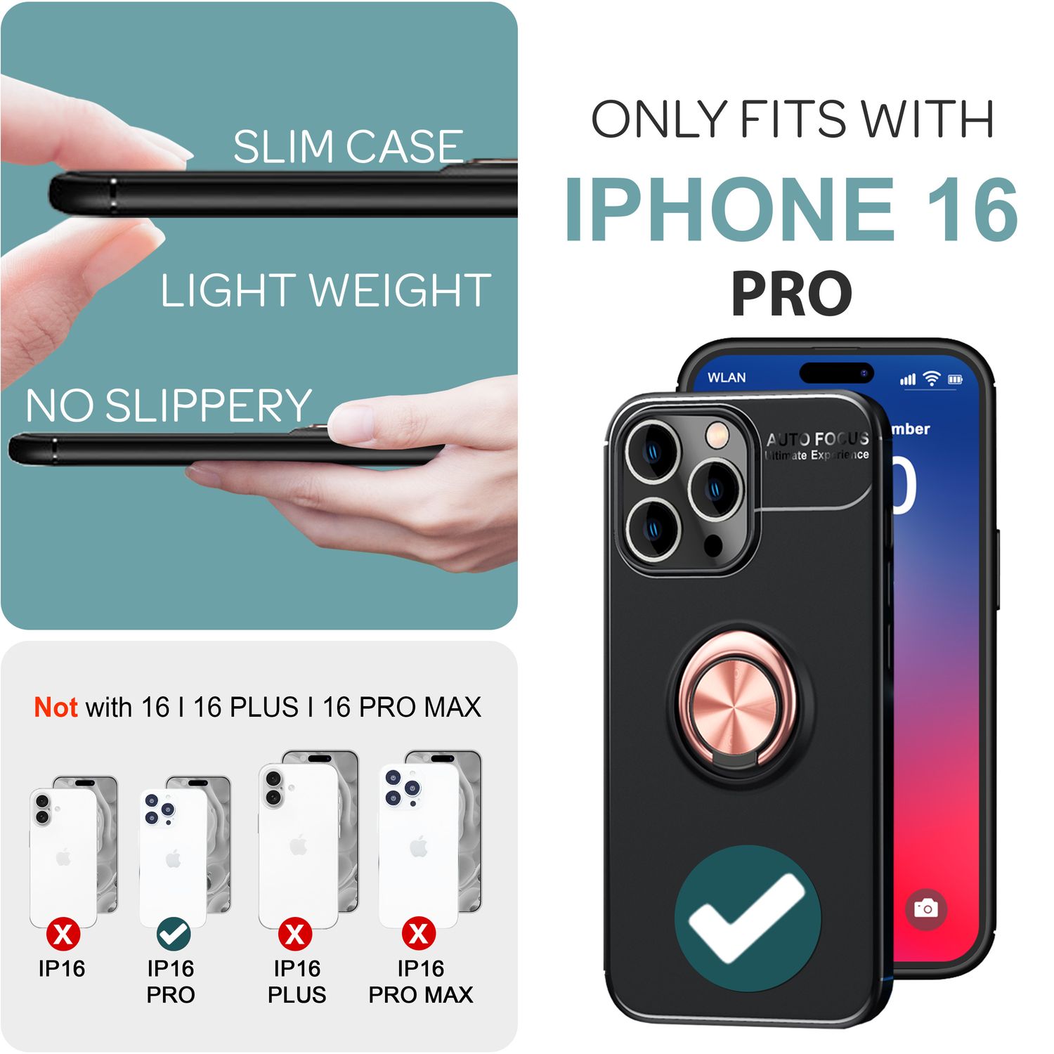 NALIA Schutzhülle mit Ring für iPhone 16 Pro, Matt-Schwarze Silikon Hülle mit 360° Finger-Halter für Ständer