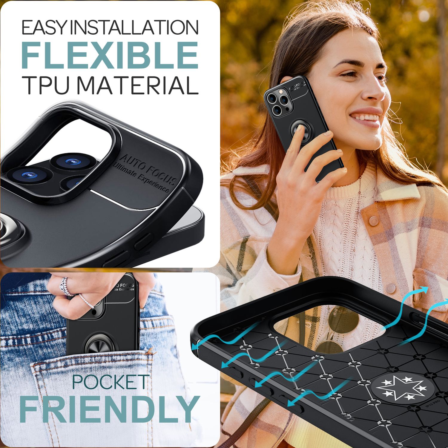 NALIA Schutzhülle mit Ring für iPhone 16 Pro Max, Matt-Schwarze Silikon Hülle mit 360° Finger-Halter für Stand