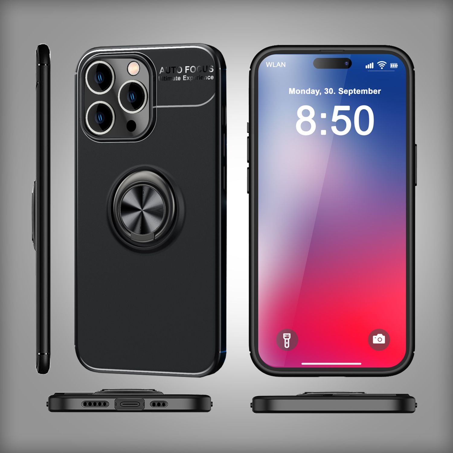 NALIA Schutzhülle mit Ring für iPhone 16 Pro Max, Matt-Schwarze Silikon Hülle mit 360° Finger-Halter für Stand