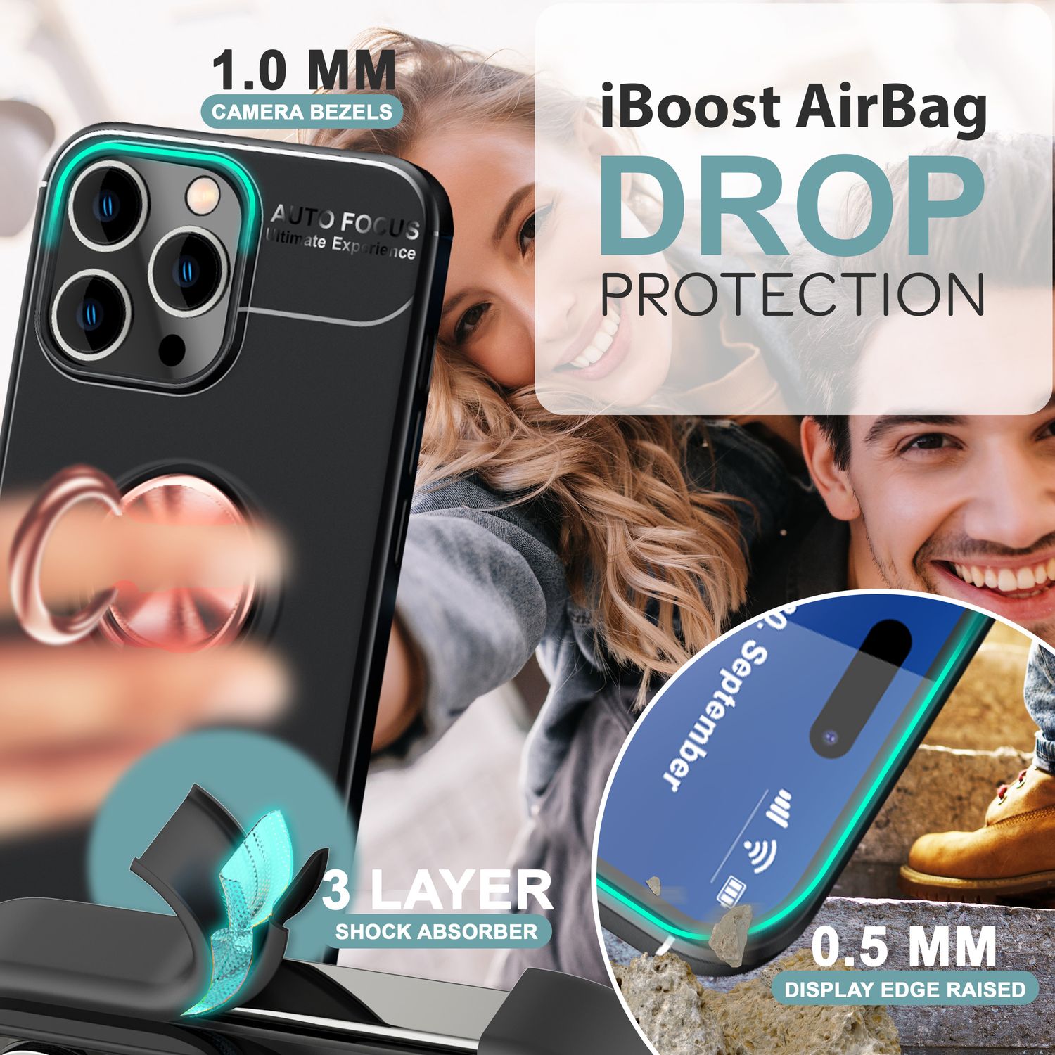 NALIA Schutzhülle mit Ring für iPhone 16 Pro Max, Matt-Schwarze Silikon Hülle mit 360° Finger-Halter für Stand