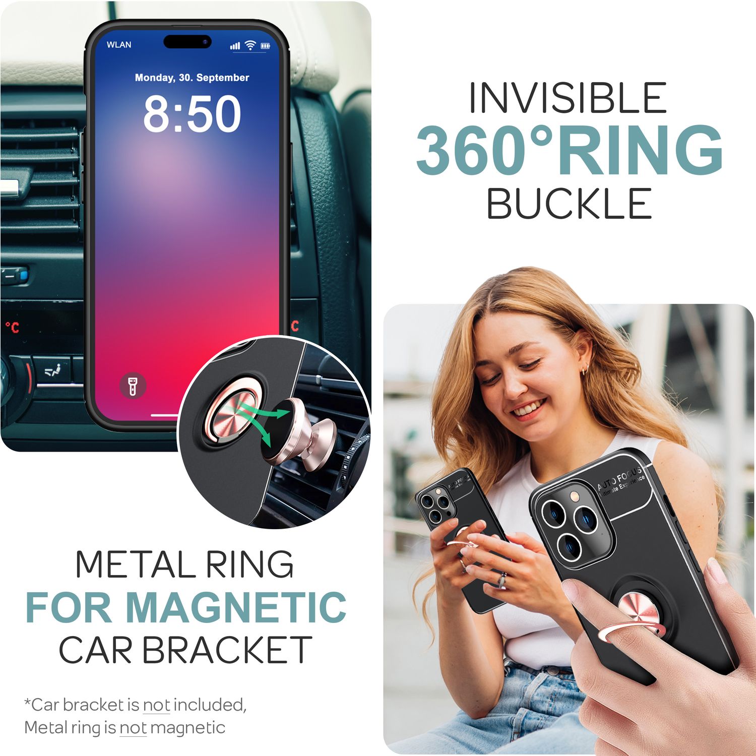 NALIA Schutzhülle mit Ring für iPhone 16 Pro Max, Matt-Schwarze Silikon Hülle mit 360° Finger-Halter für Stand