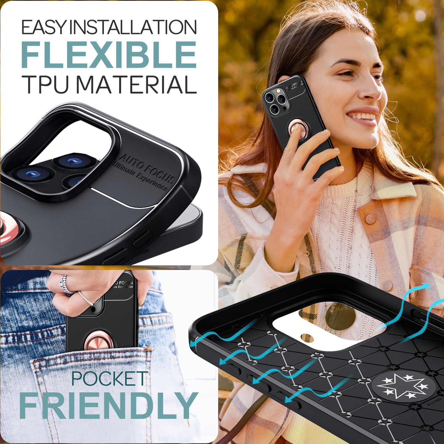 NALIA Schutzhülle mit Ring für iPhone 16 Pro Max, Matt-Schwarze Silikon Hülle mit 360° Finger-Halter für Stand