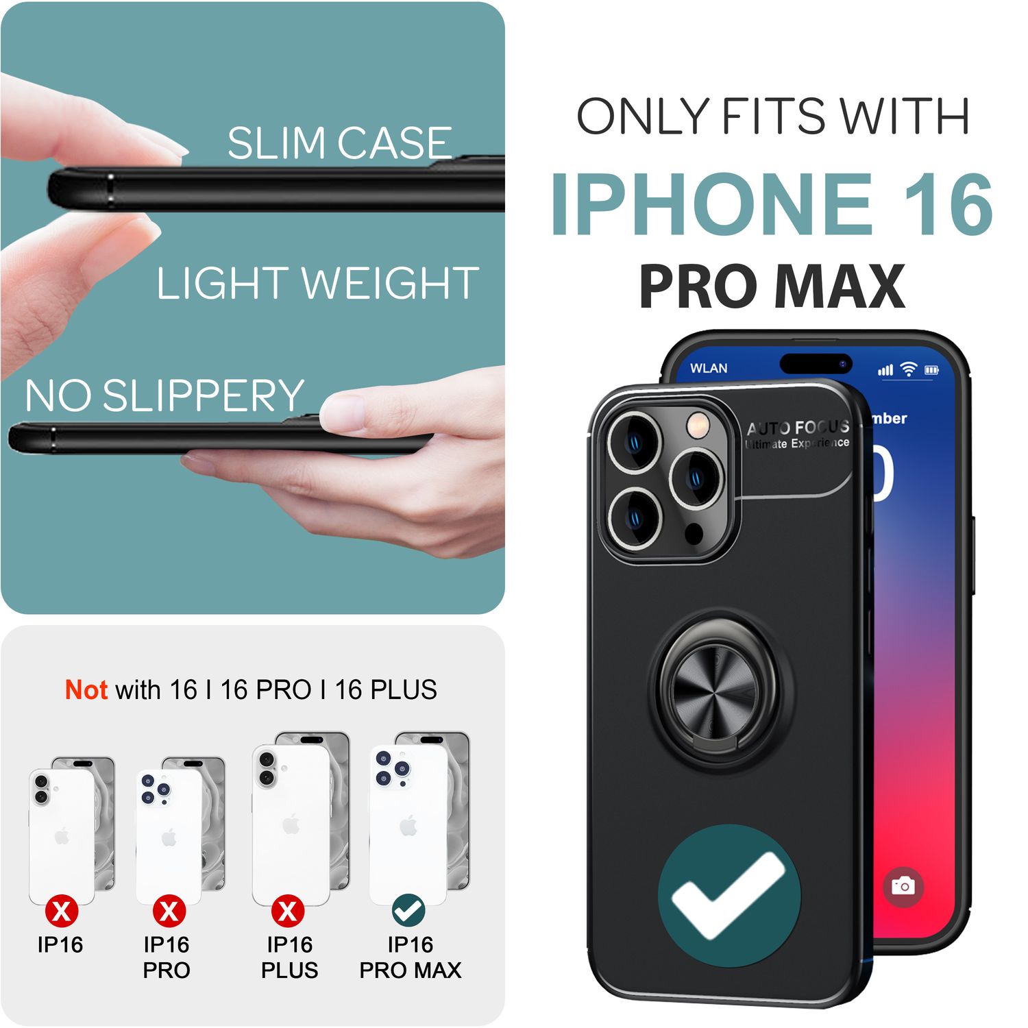 NALIA Schutzhülle mit Ring für iPhone 16 Pro Max, Matt-Schwarze Silikon Hülle mit 360° Finger-Halter für Stand