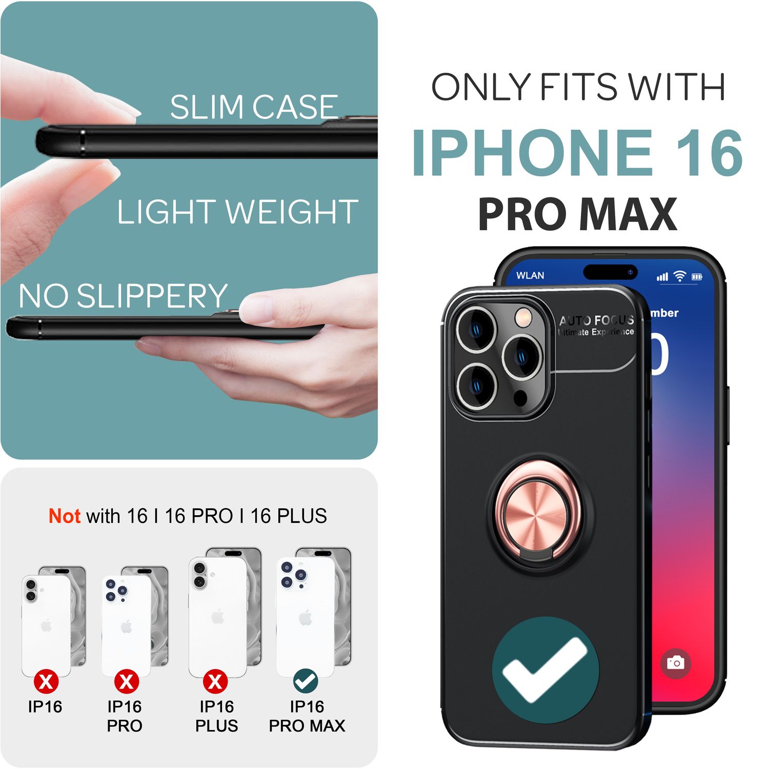 NALIA Schutzhülle mit Ring für iPhone 16 Pro Max, Matt-Schwarze Silikon Hülle mit 360° Finger-Halter für Stand