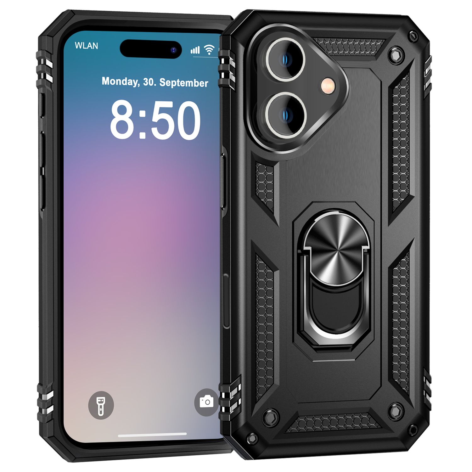 NALIA Military-Style Ringhülle für iPhone 16, Extrem Schutz Panzer Handyhülle, Hardcase Hülle mit 360° Ring Schwarz NALIA Protective Hülle