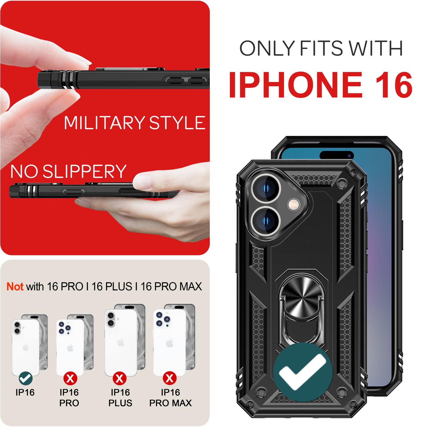 NALIA Military-Style Ringhülle für iPhone 16, Extrem Schutz Panzer Handyhülle, Hardcase Hülle mit 360° Ring Schwarz NALIA Protective Hülle