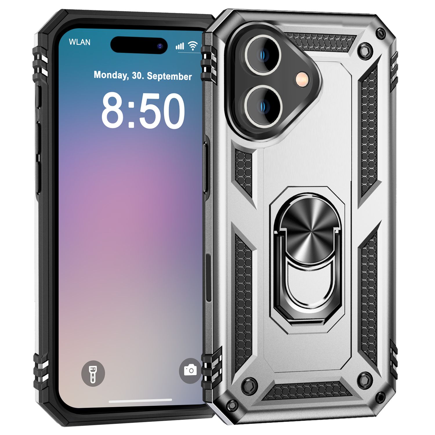 NALIA Military-Style Ringhülle für iPhone 16, Extrem Schutz Panzer Handyhülle, Hardcase Hülle mit 360° Ring Silber NALIA Protective Hülle