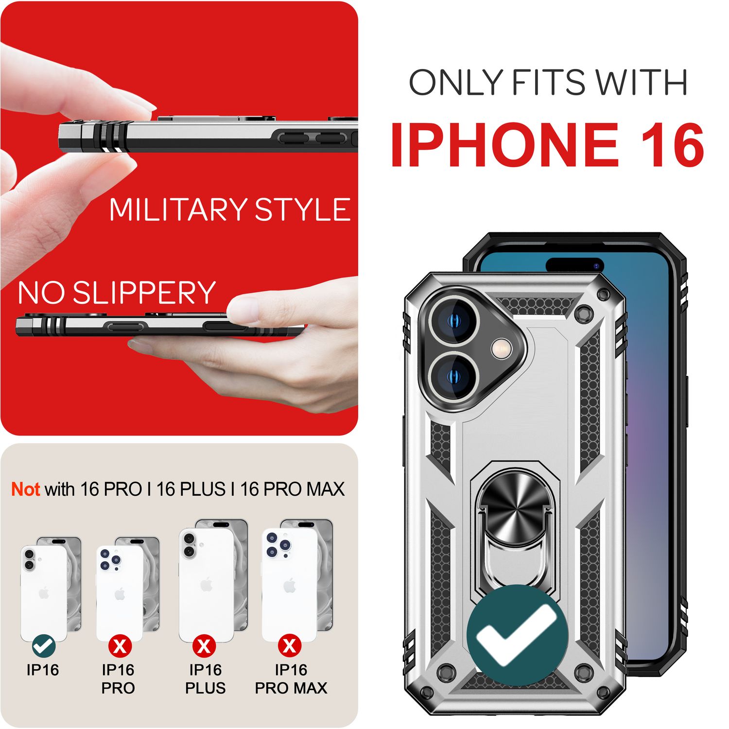 NALIA Military-Style Ringhülle für iPhone 16, Extrem Schutz Panzer Handyhülle, Hardcase Hülle mit 360° Ring Silber NALIA Protective Hülle