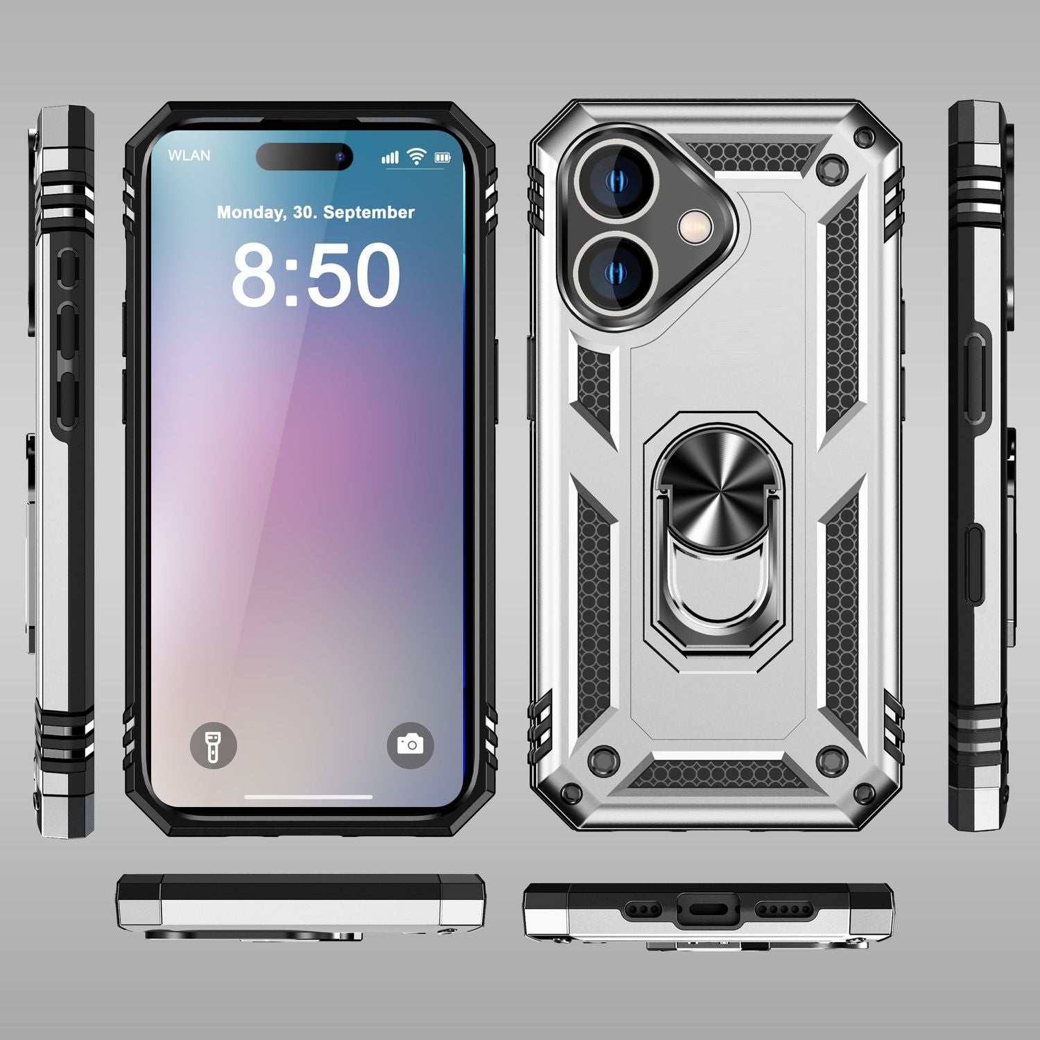 NALIA Military-Style Ringhülle für iPhone 16, Extrem Schutz Panzer Handyhülle, Hardcase Hülle mit 360° Ring Silber NALIA Protective Hülle