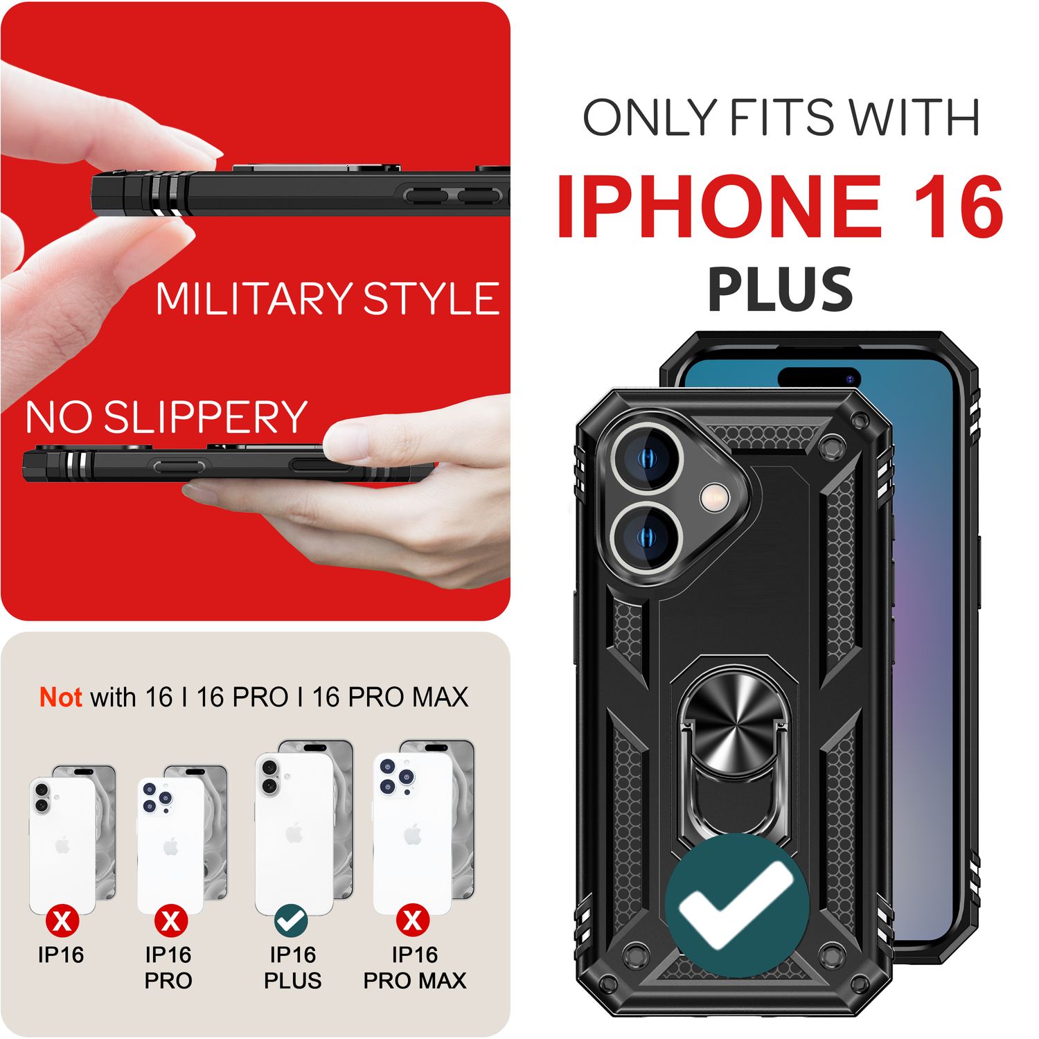 NALIA Military-Style Ringhülle für iPhone 16 Plus, Extrem Schutz Panzer Handyhülle, Hardcase Hülle mit 360° Ring Schwarz NALIA Outdoor Hülle