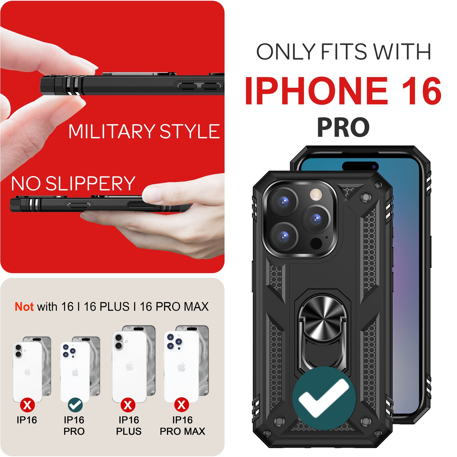 NALIA Military-Style Ringhülle für iPhone 16 Pro, Extrem Schutz Panzer Handyhülle, Hardcase Hülle mit 360° Ring Schwarz NALIA Outdoor Hülle